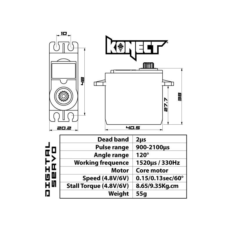 Servo digital 9Kg-0.13S  pignon métal -  KONECT KN0913LVMG