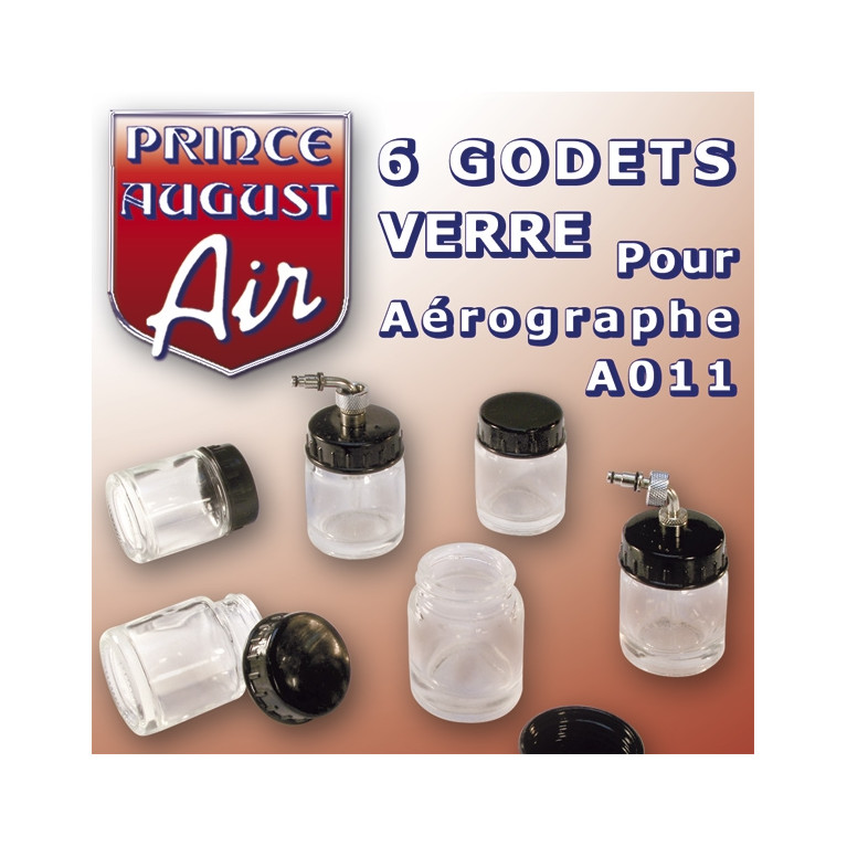 6 godets en verre 22ml dont 2 avec plongeur pour aérographe  - PRINCE AUGUST AA040