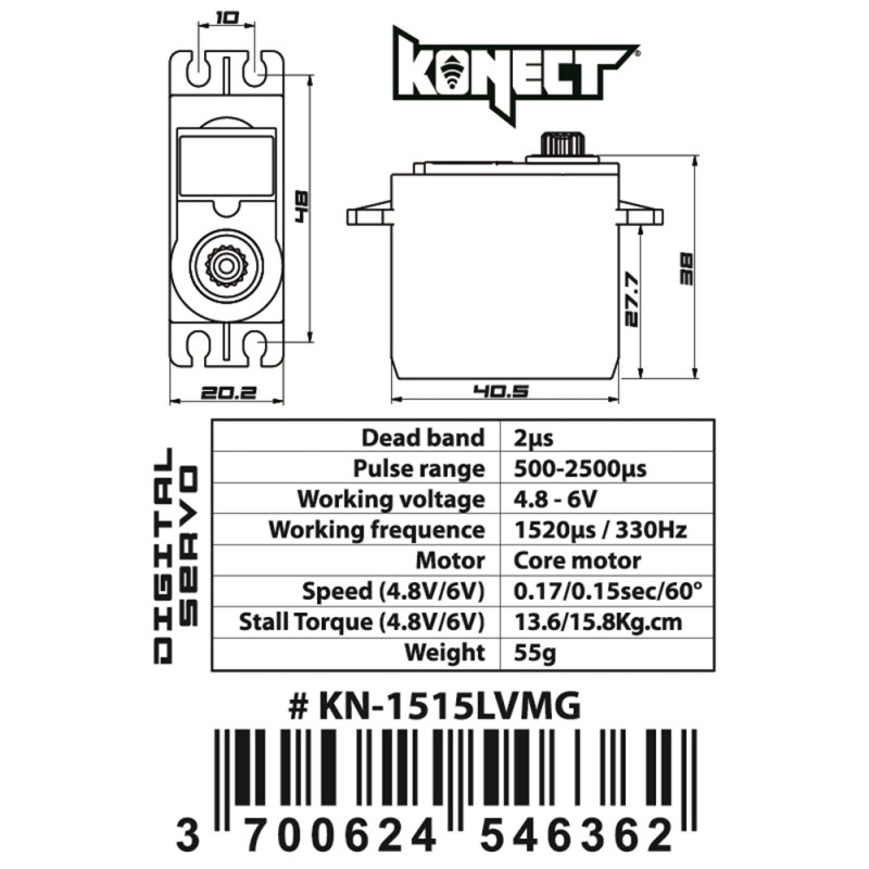 Servo digital 15KG-015S pignon métal - KONECT KN1515LVMG