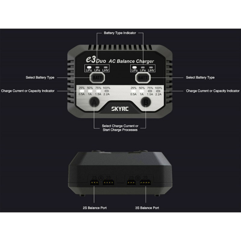 Chargeur e3 Duo AC (LiPo 2-3S, 2.2A, 2x20W) - SKYRC SK100164-02