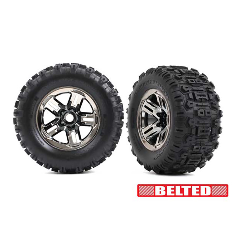 2 Roues montées collées SLEDGEHAMMER (pneu + jante chromée) - TRAXXAS 9573A - 1/10
