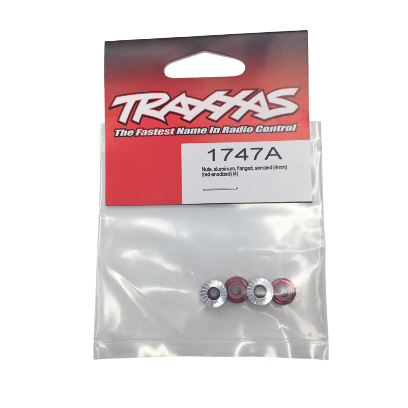 Écrous nylstop 4mm aluminium rouge (x4) - TRAXXAS 1747A